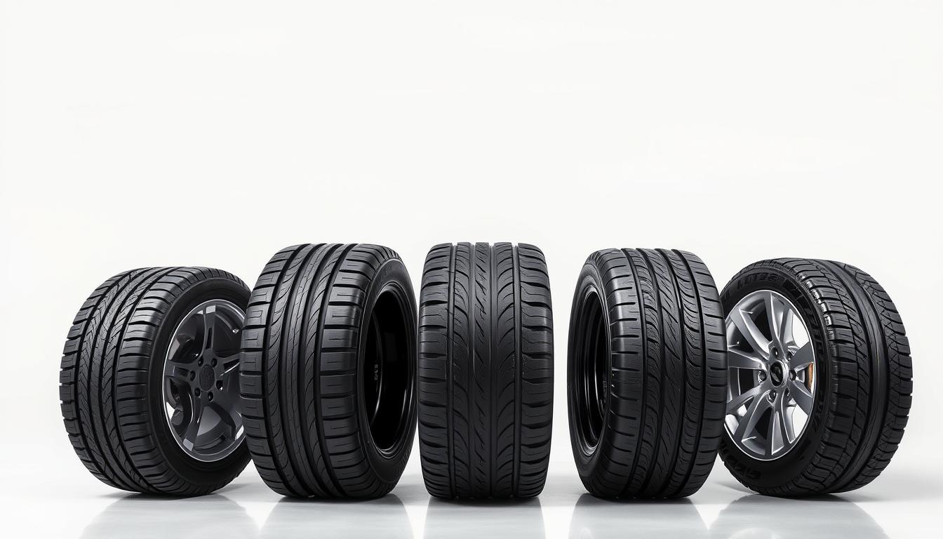 Five best tires for Toyota Camry lined up side by side showing tread patterns